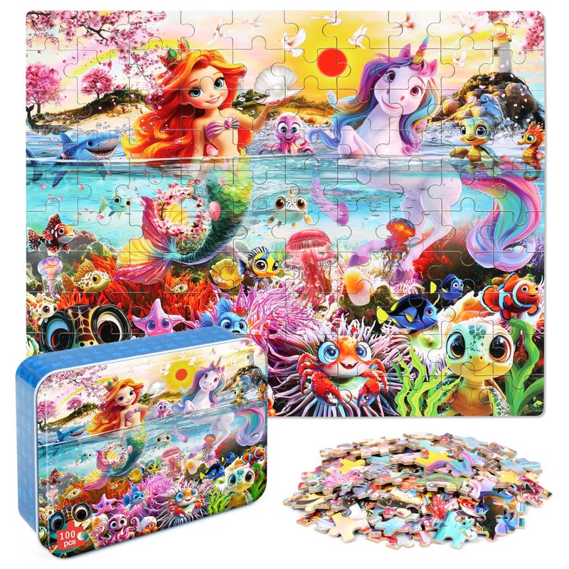 MZZOTOY Mermaid Unicorn Puzzles for Kids Ages 48 100 Pieces Jigsaw Puzzles for Kids Ages 35 Puzzle for Girls and Boys Learning Educational Puzzles Toys in a Metal Box - Image 3