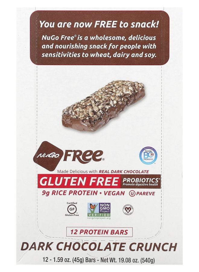 NuGo Gluten Free Protein Bar Dark Chocolate Crunch 12 Bars 1.59 oz (45 g) Each