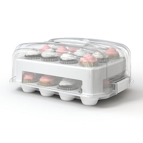 Top Shelf Elements Cupcake Carrier, EXTRA LARGE LID, White Cupcake Holder Carries 24 Standard-Size Cupcakes, Muffin Traveler Two Tier Stand Reusable Cupcake Box - Image 1