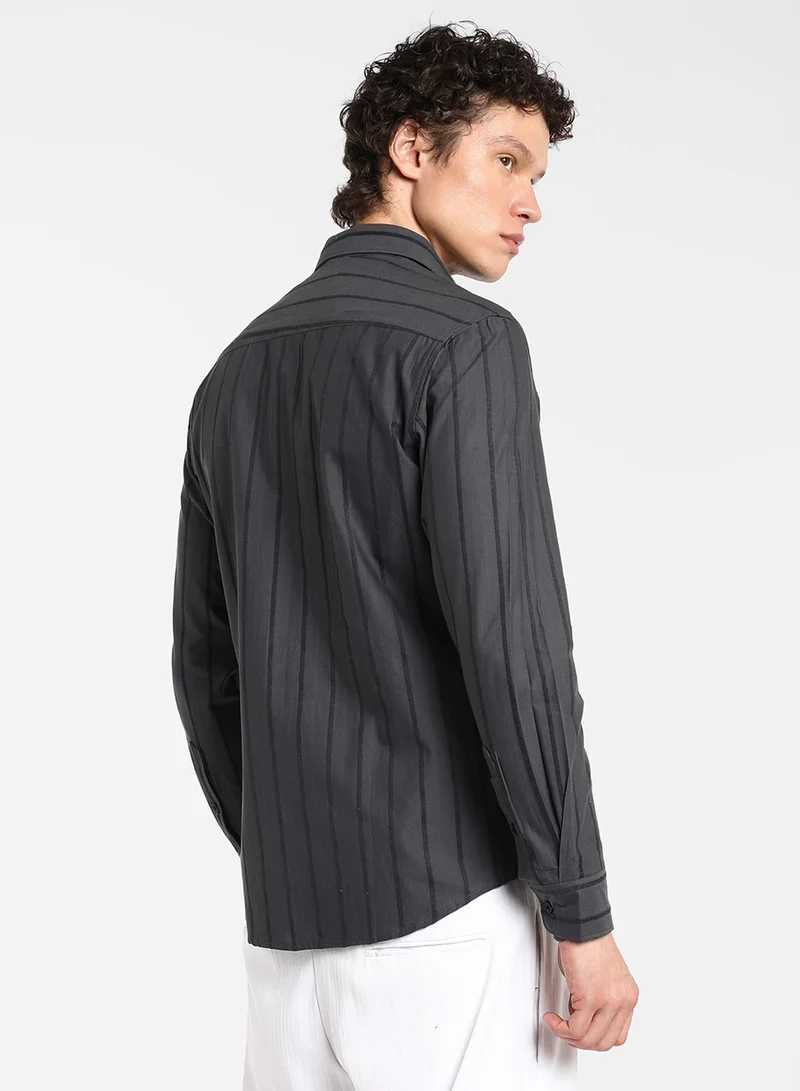 CAHOOT  Men's Charcoal Grey Pencil-Striped Shirt For Casual Wear | Spread Collar | Long Sleeve | Button Closure | Shirt Crafted With Comfort Fit For Everyday Wear for Men | Best Price UAE