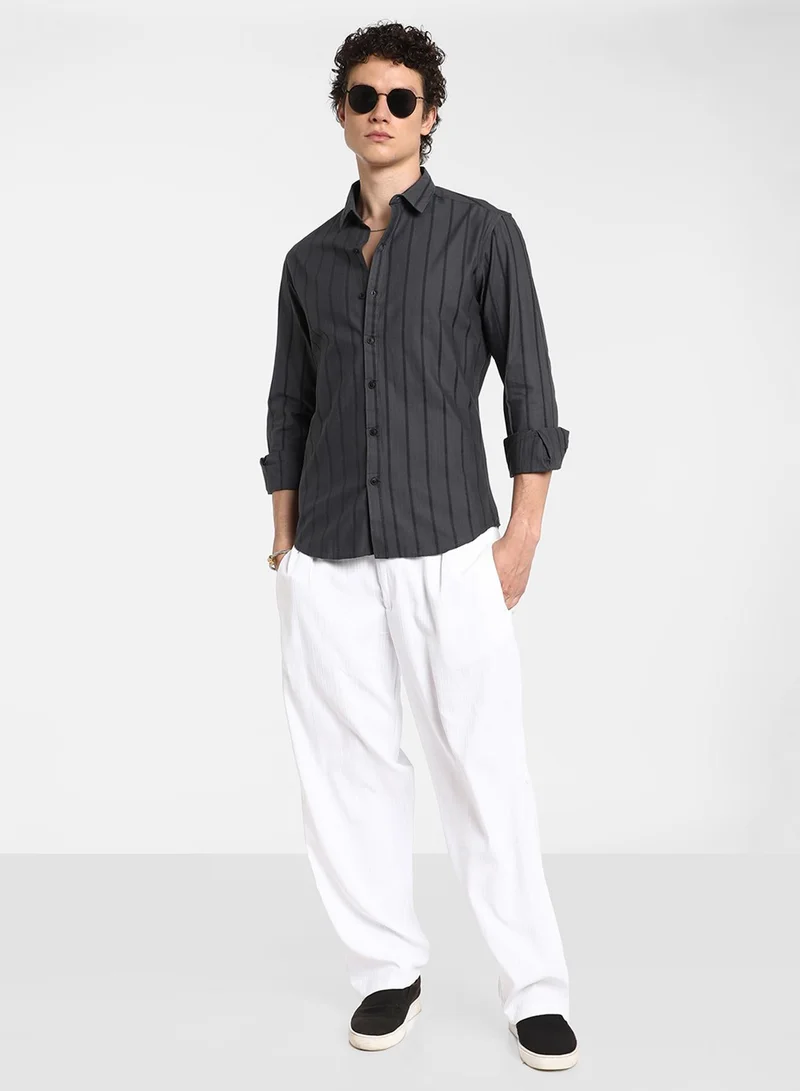 CAHOOT  Men's Charcoal Grey Pencil-Striped Shirt For Casual Wear | Spread Collar | Long Sleeve | Button Closure | Shirt Crafted With Comfort Fit For Everyday Wear for Men | Best Price UAE