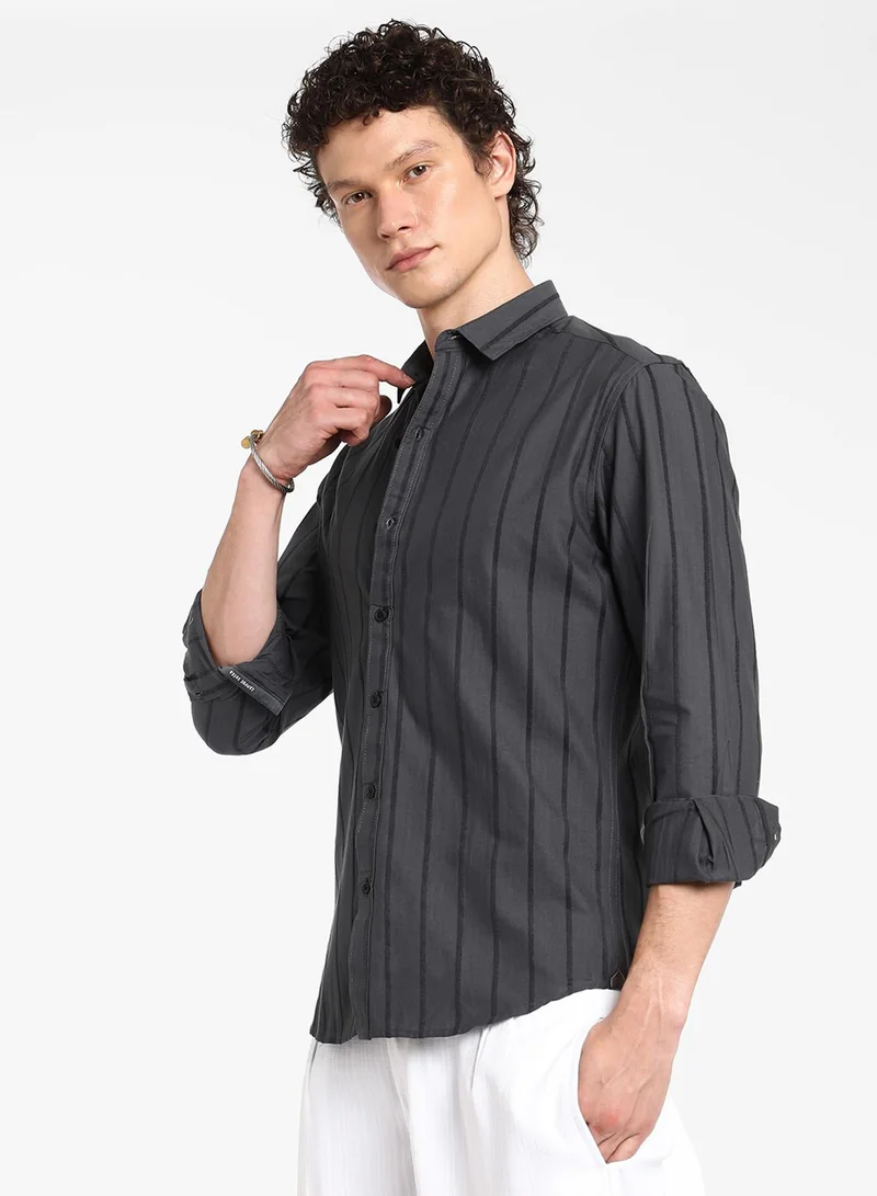 CAHOOT  Men's Charcoal Grey Pencil-Striped Shirt For Casual Wear | Spread Collar | Long Sleeve | Button Closure | Shirt Crafted With Comfort Fit For Everyday Wear for Men | Best Price UAE