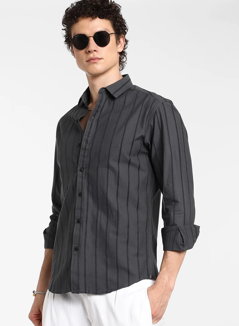 CAHOOT  Men's Charcoal Grey Pencil-Striped Shirt For Casual Wear | Spread Collar | Long Sleeve | Button Closure | Shirt Crafted With Comfort Fit For Everyday Wear for Men | Best Price UAE