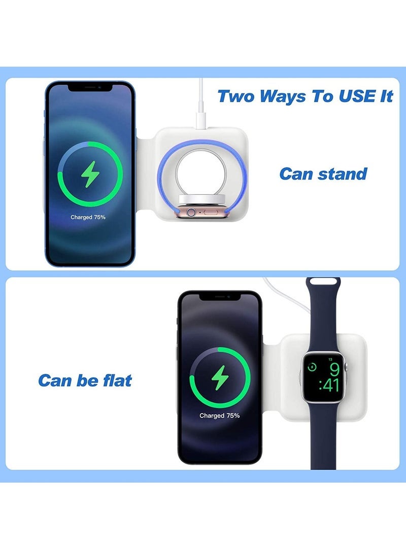2 in 1 Wireless Charger, 15W Qi Fast Dual Magnetic Wireless Charging Pad [for Magsafe Charging], Foldable PU Wireless Charger Station for iPhone 12/12 Pro/12 Pro Max/Mini/11/X/XR/S20/Airpods/iWatch
