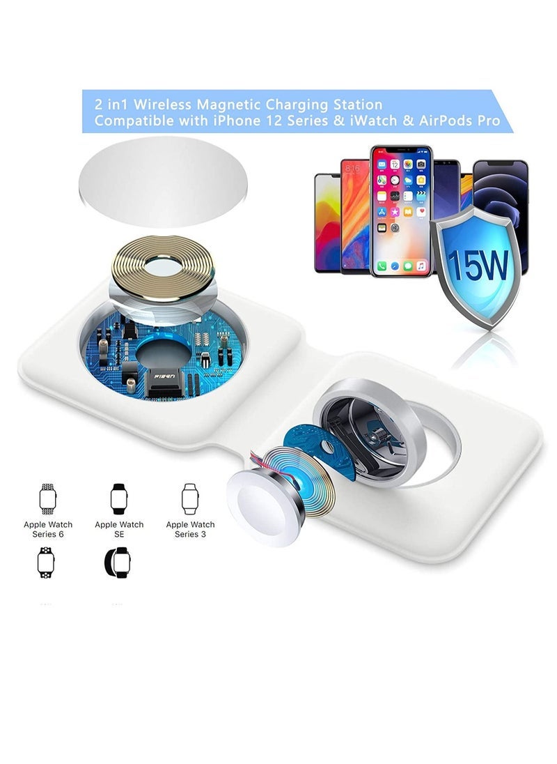 2 in 1 Wireless Charger, 15W Qi Fast Dual Magnetic Wireless Charging Pad [for Magsafe Charging], Foldable PU Wireless Charger Station for iPhone 12/12 Pro/12 Pro Max/Mini/11/X/XR/S20/Airpods/iWatch