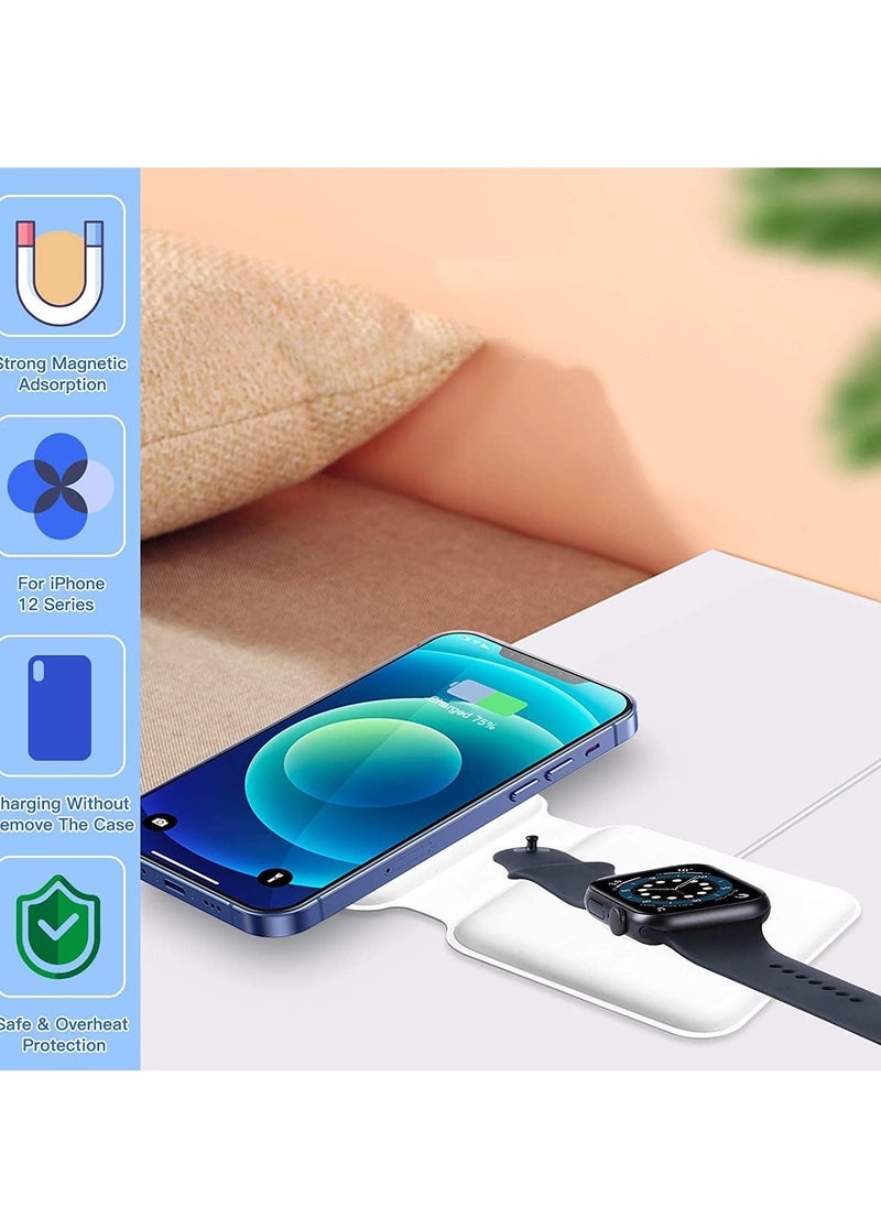 2 in 1 Wireless Charger, 15W Qi Fast Dual Magnetic Wireless Charging Pad [for Magsafe Charging], Foldable PU Wireless Charger Station for iPhone 12/12 Pro/12 Pro Max/Mini/11/X/XR/S20/Airpods/iWatch