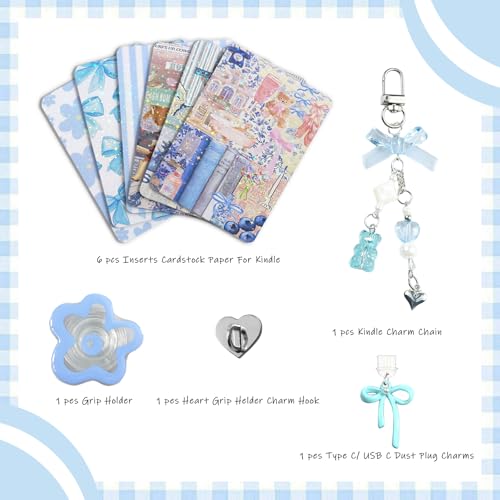 JINGSEN Cute Case Insert Cards Set for Kindle,6 Book-Themed Designs with Charms Set for Kindle and USB-C Dust Plugs,for 11th/12th Generation,6.8 x 4.8 inches(Blue) - Image 2