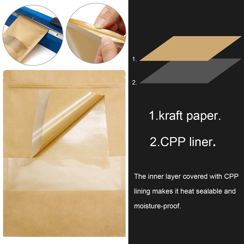 بليستايم Blisstime 50 Pack Kraft Stand Up zip Lock Bags Bags Bags Resealable مع نافذة شفافة وشق المسيل للدموع للتخزين متعدد الأغراض (4 × 6 بوصات) - Image 5