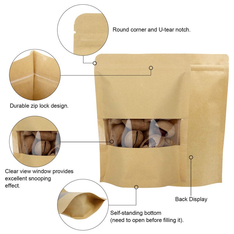 بليستايم Blisstime 50 Pack Kraft Stand Up zip Lock Bags Bags Bags Resealable مع نافذة شفافة وشق المسيل للدموع للتخزين متعدد الأغراض (4 × 6 بوصات) - Image 4