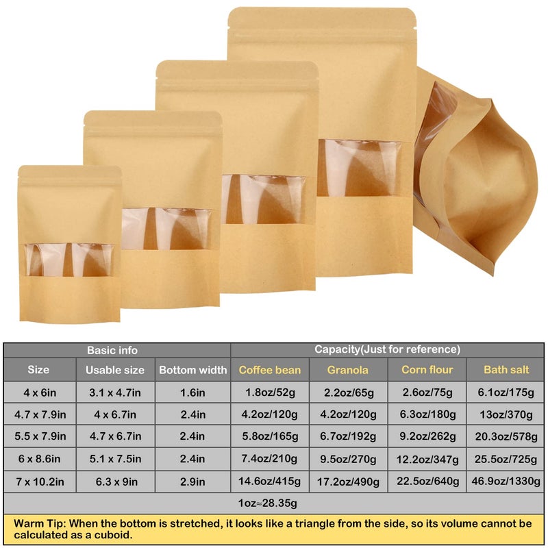 بليستايم Blisstime 50 Pack Kraft Stand Up zip Lock Bags Bags Bags Resealable مع نافذة شفافة وشق المسيل للدموع للتخزين متعدد الأغراض (4 × 6 بوصات) - Image 3