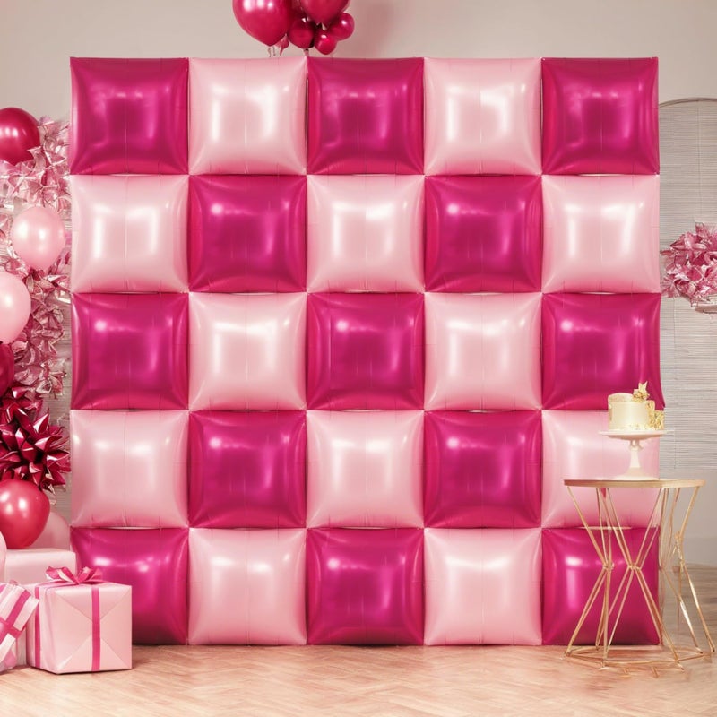 CEUQIESO 25 Pcs Hot Magenta Pink Checkered Mylar Double Sided Square Foil Balloons Wall Backdrop Metallic Balloon Tunnel Arch Garland Kit for Anniversary Bachelorette Birthday Engagement Party Decoration - Image 3