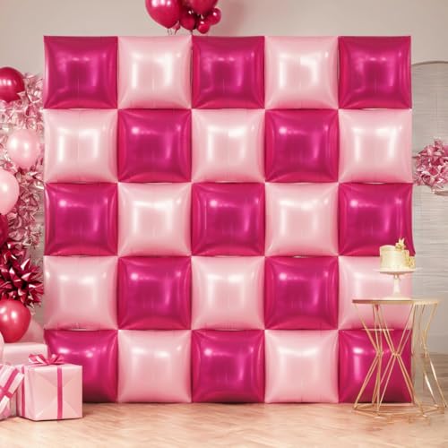CEUQIESO 25 Pcs Hot Magenta Pink Checkered Mylar Double Sided Square Foil Balloons Wall Backdrop Metallic Balloon Tunnel Arch Garland Kit for Anniversary Bachelorette Birthday Engagement Party Decoration - Image 1