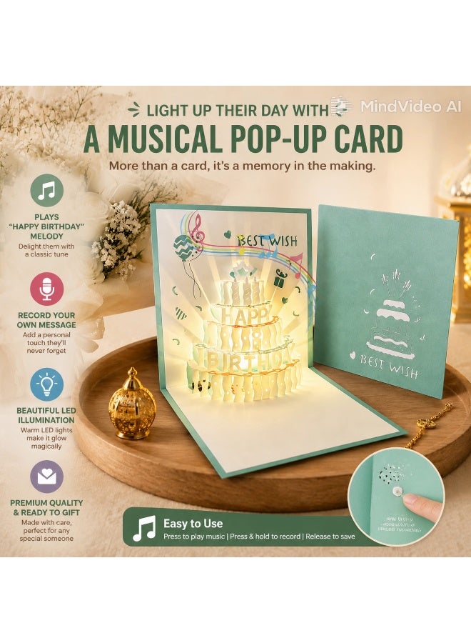 Ayshal 3D Birthday Cards, Play Music Warm LED Light Birthday Cake Card, Music Greeting Cards Gift for Women Mom Wife Sister Girl - Image 1