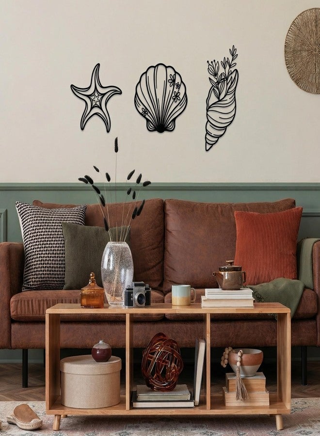 Sanwarm 3 Pieces Metal Wall Decor, Coastal Seashell Starfish Metal Wall Art Beach Floral Black Hanging Decoration for Home Bathroom Living Room Bedroom Garden Office Housewarming Gifts - Image 2