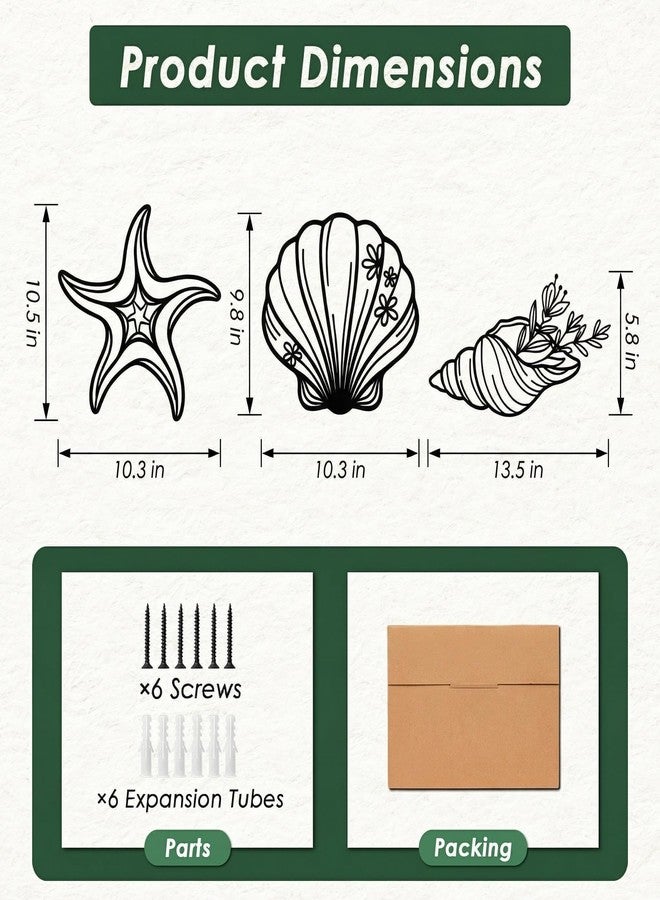Sanwarm 3 Pieces Metal Wall Decor, Coastal Seashell Starfish Metal Wall Art Beach Floral Black Hanging Decoration for Home Bathroom Living Room Bedroom Garden Office Housewarming Gifts - Image 3