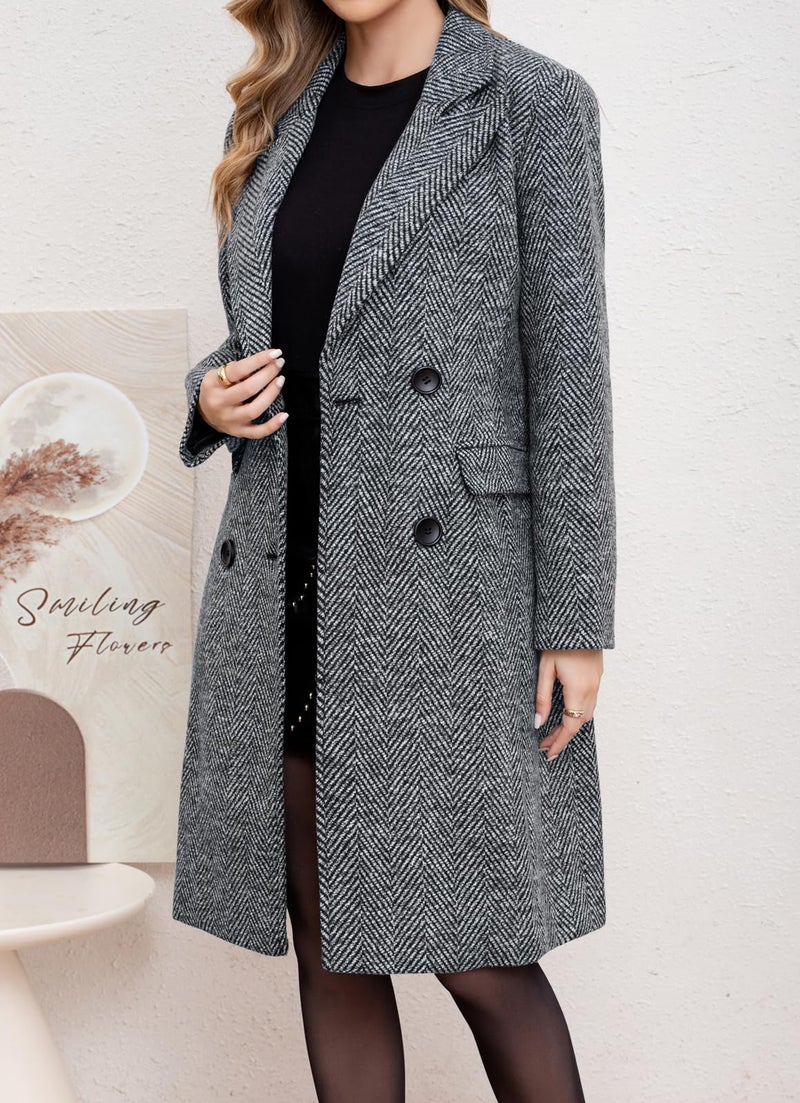 chouyatou Women's Winter Casual Herringbone Wool Coat Double Breasted Notch Collar Dressy Long Trench Coat (Large, Grey) - Image 4