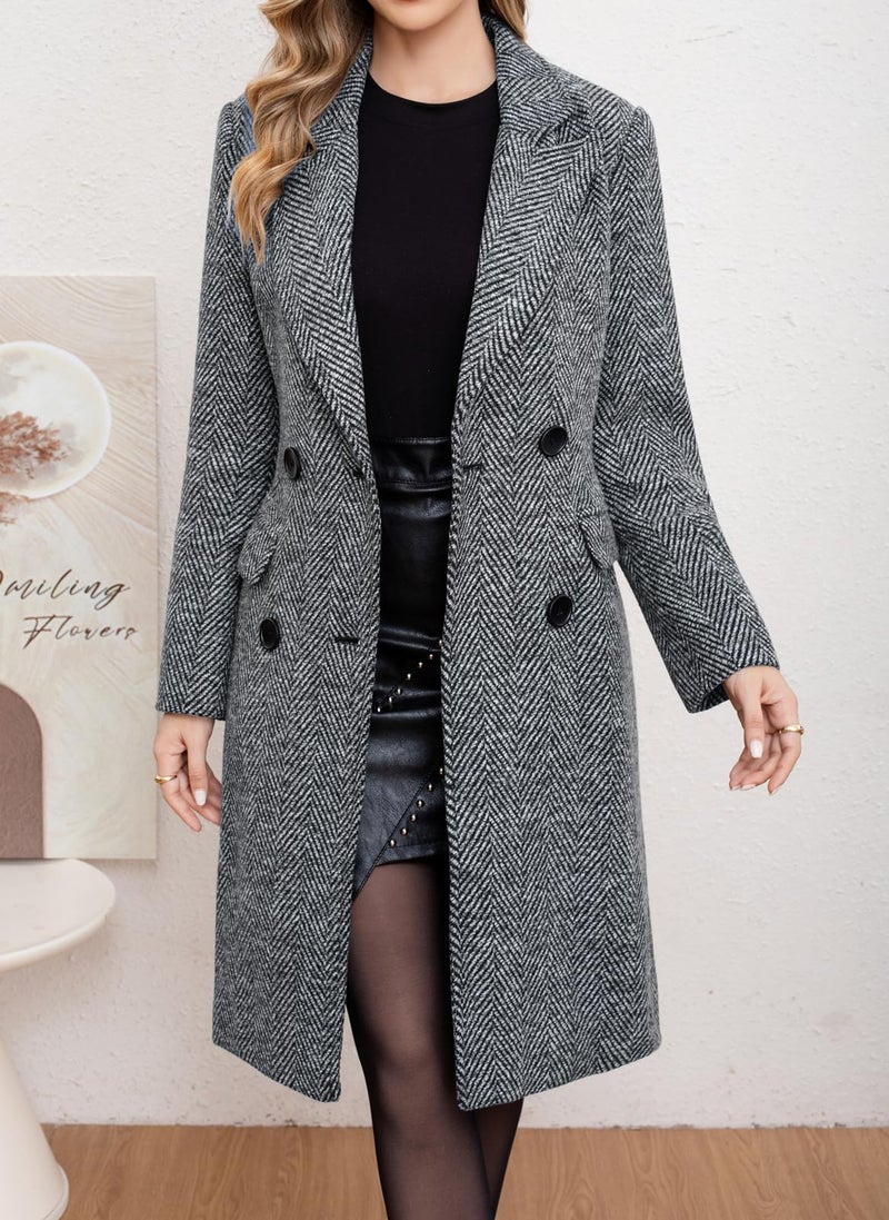 chouyatou Women's Winter Casual Herringbone Wool Coat Double Breasted Notch Collar Dressy Long Trench Coat (Large, Grey) - Image 2