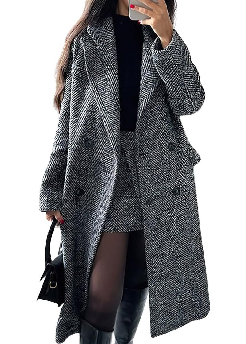 chouyatou Women's Winter Casual Herringbone Wool Coat Double Breasted Notch Collar Dressy Long Trench Coat (Large, Grey) - Image 1