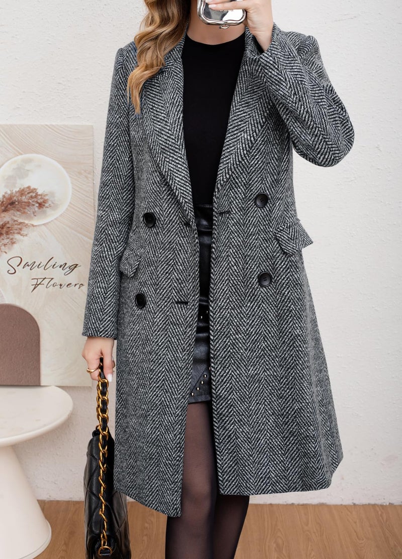 chouyatou Women's Winter Casual Herringbone Wool Coat Double Breasted Notch Collar Dressy Long Trench Coat (Large, Grey) - Image 5