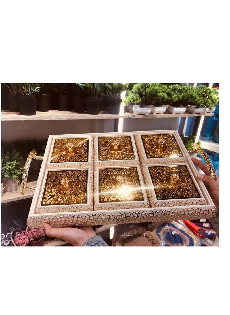 Generic - A serving set for Chinese nuts and snacks, including 6 square boxes of snacks and nuts, made of raw wood in leather. - Image 1