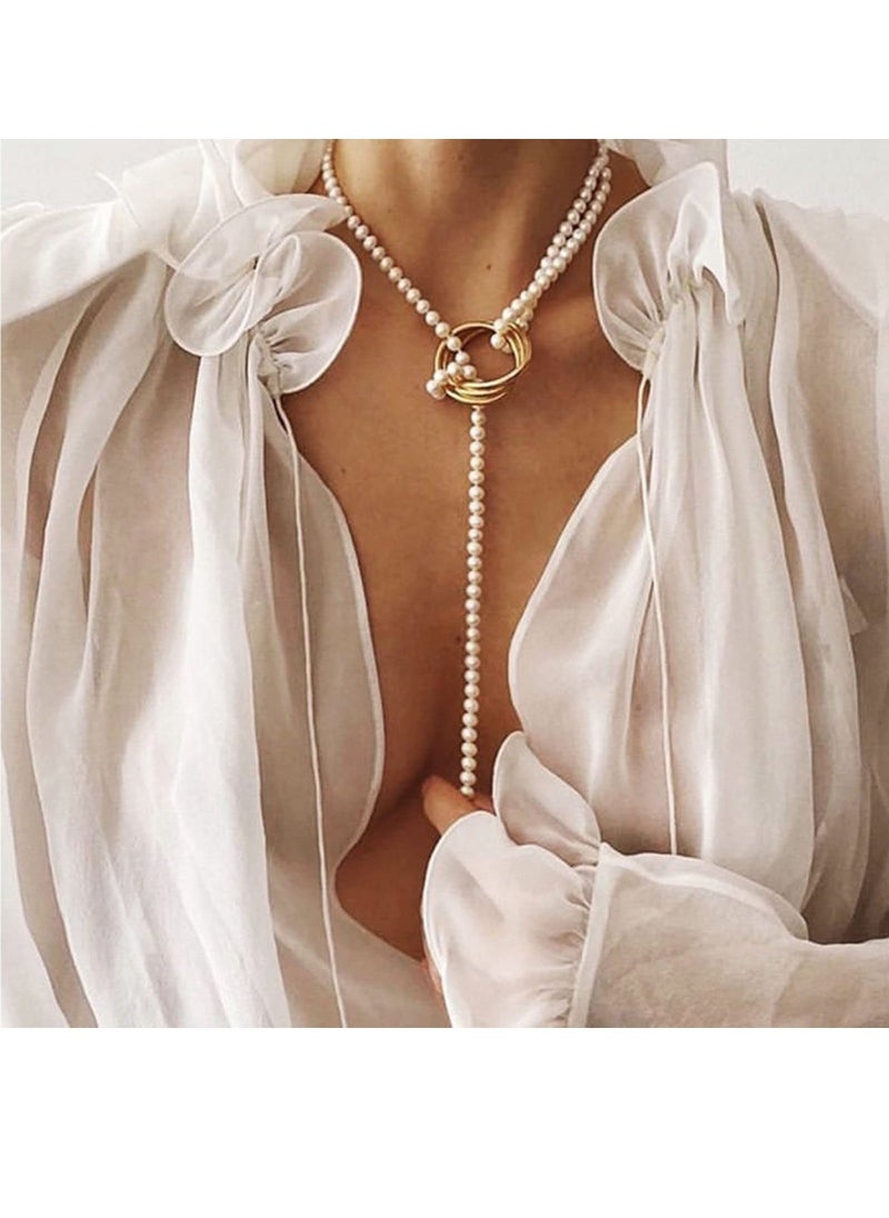 Long Pearl Necklaces, Costume Jewellery for Women, Retro Metal Pearl Necklace Elegant Lady White Artificial Pearls Long Sweater Chain Beaded Necklace, 31In Faux Pearls Art Fashion Lovely - Image 2