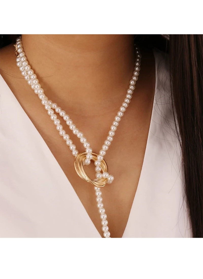 Long Pearl Necklaces, Costume Jewellery for Women, Retro Metal Pearl Necklace Elegant Lady White Artificial Pearls Long Sweater Chain Beaded Necklace, 31In Faux Pearls Art Fashion Lovely - Image 3