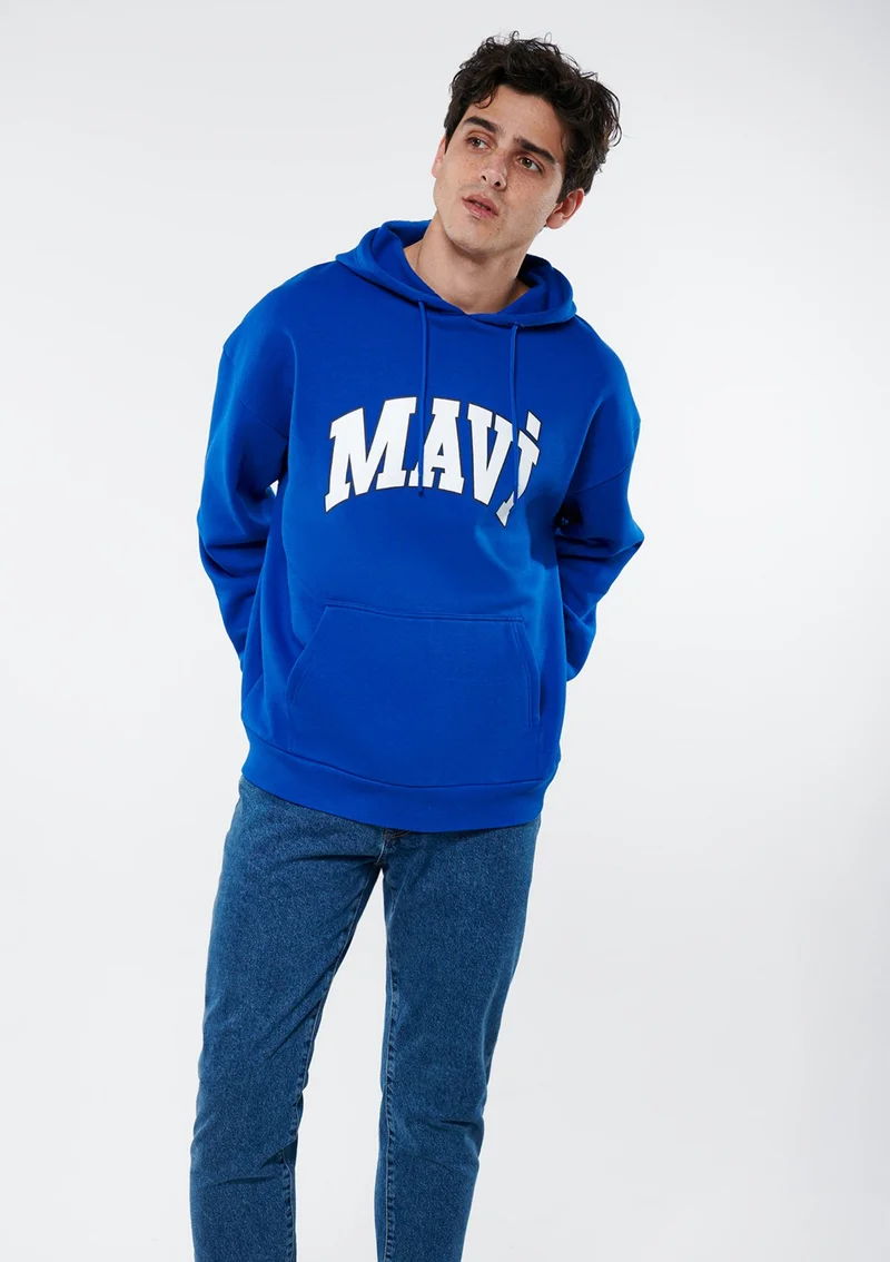 MAVI Blue Men's Blue Logo Printed Hooded Blue Sweatshirt 067149-70896