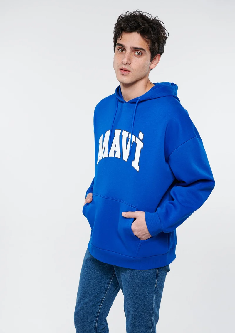 MAVI Blue Men's Blue Logo Printed Hooded Blue Sweatshirt 067149-70896