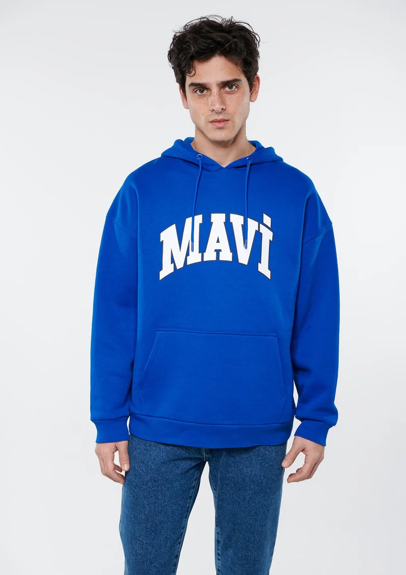 MAVI Blue Men's Blue Logo Printed Hooded Blue Sweatshirt 067149-70896