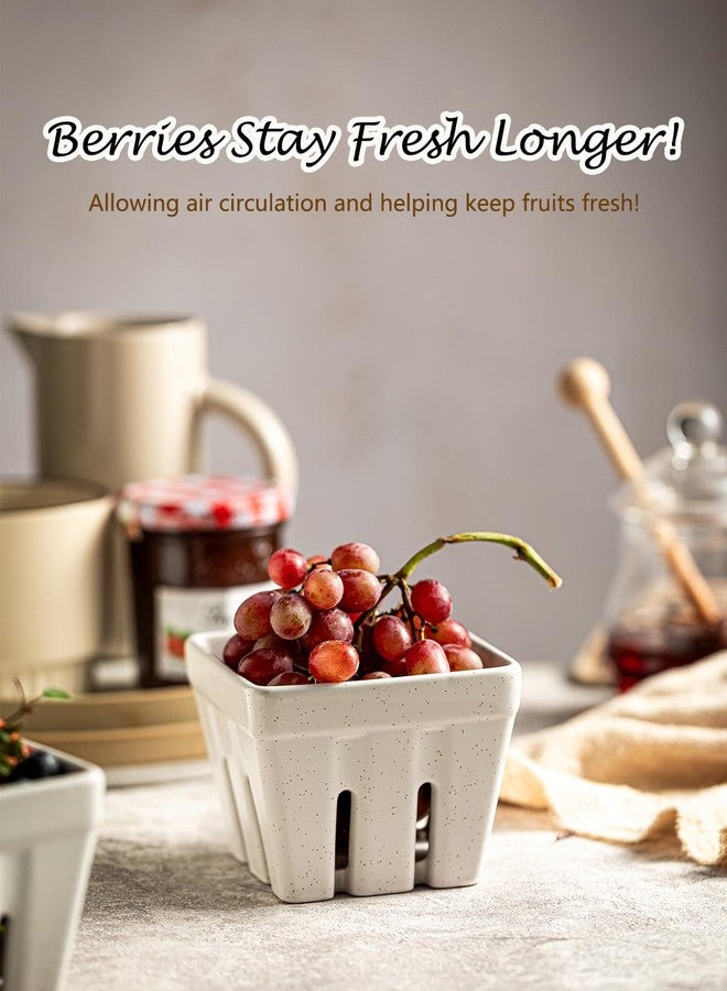 Gomakren Ceramic Fruit Basket Set of 2, Square Fruit Bowls with Holes, Rustic Berry Basket Containers for Kitchen, Berries, Strawberry, Grape, Cherry - Cream White - Image 3