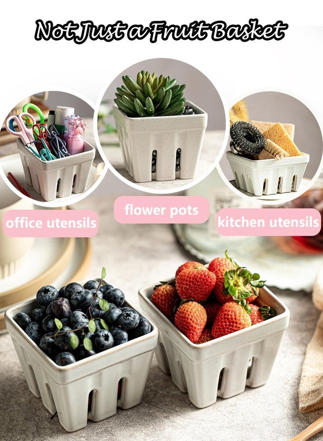 Gomakren Ceramic Fruit Basket Set of 2, Square Fruit Bowls with Holes, Rustic Berry Basket Containers for Kitchen, Berries, Strawberry, Grape, Cherry - Cream White - Image 5