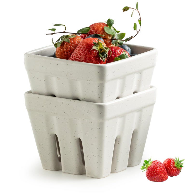 Gomakren Ceramic Fruit Basket Set of 2, Square Fruit Bowls with Holes, Rustic Berry Basket Containers for Kitchen, Berries, Strawberry, Grape, Cherry - Cream White - Image 1