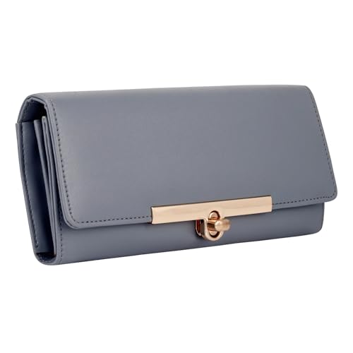 ALSU Women's Grey Wallet Clutch Purse | 4 Card Pocket| Twist Lock Closure| Phone Pocket (ldu-012gryblu) - Image 1