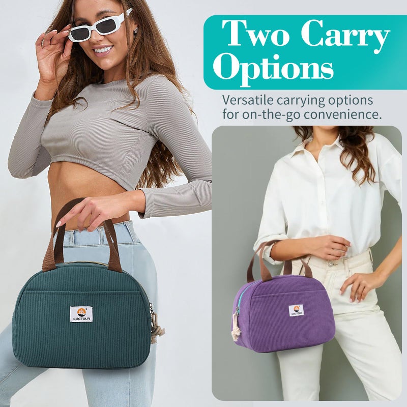 CaCTOUR Lunch Box Lunch Bag for Women Girls Teens, Cute Lunch Box Cooler Bag, Portable Small Insulated LunchBox Reusable Corduroy Lunch Tote for Work/Travel/Picnic/School (Lake Green) - Image 2