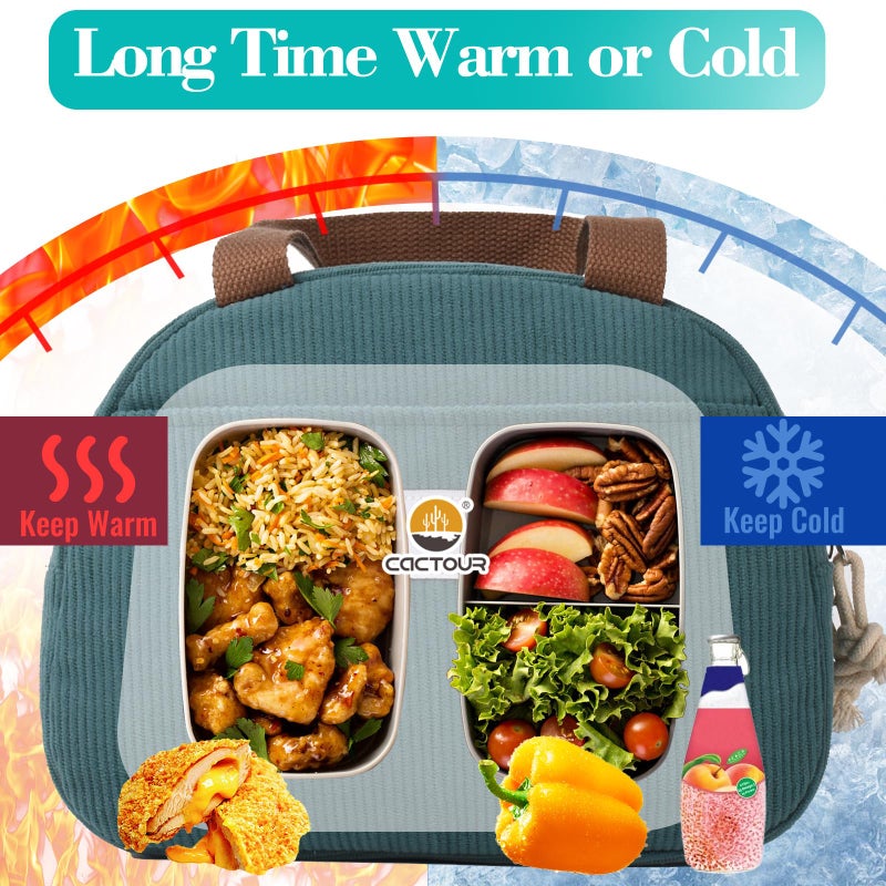 CaCTOUR Lunch Box Lunch Bag for Women Girls Teens, Cute Lunch Box Cooler Bag, Portable Small Insulated LunchBox Reusable Corduroy Lunch Tote for Work/Travel/Picnic/School (Lake Green) - Image 4