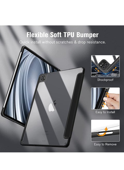 غطاء حماية لجهاز Apple iPad Pro 11 بوصة (2024) الجيل مع حامل أقلام، [يدعم شحن قلم Apple ومعرف اللمس]، حافظة شفافة شفافة مع خاصية التنبيه/السكون التلقائي، أسود