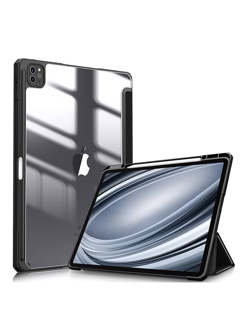 غطاء حماية لجهاز Apple iPad Pro 11 بوصة (2024) الجيل مع حامل أقلام، [يدعم شحن قلم Apple ومعرف اللمس]، حافظة شفافة شفافة مع خاصية التنبيه/السكون التلقائي، أسود
