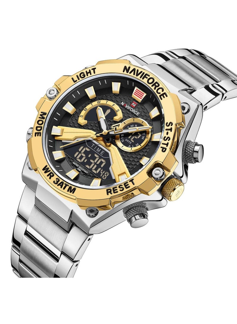 Sport Analog-Digital Wrist Watch for Men with Stainless Steel Strap Water Resistant Multi-Function Chronograph with Alarm and Date Display