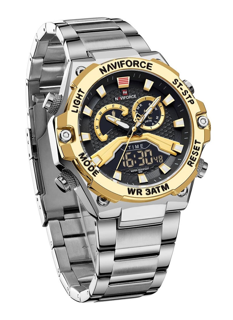 Sport Analog-Digital Wrist Watch for Men with Stainless Steel Strap Water Resistant Multi-Function Chronograph with Alarm and Date Display