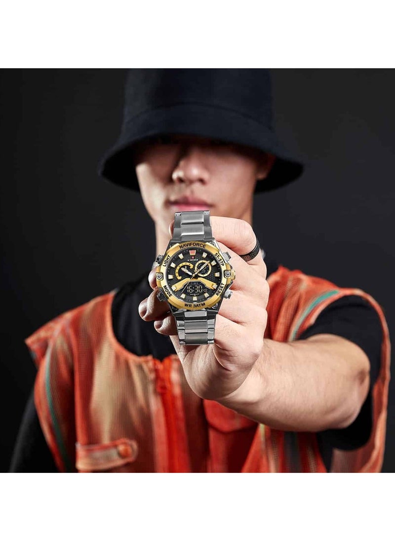 Sport Analog-Digital Wrist Watch for Men with Stainless Steel Strap Water Resistant Multi-Function Chronograph with Alarm and Date Display