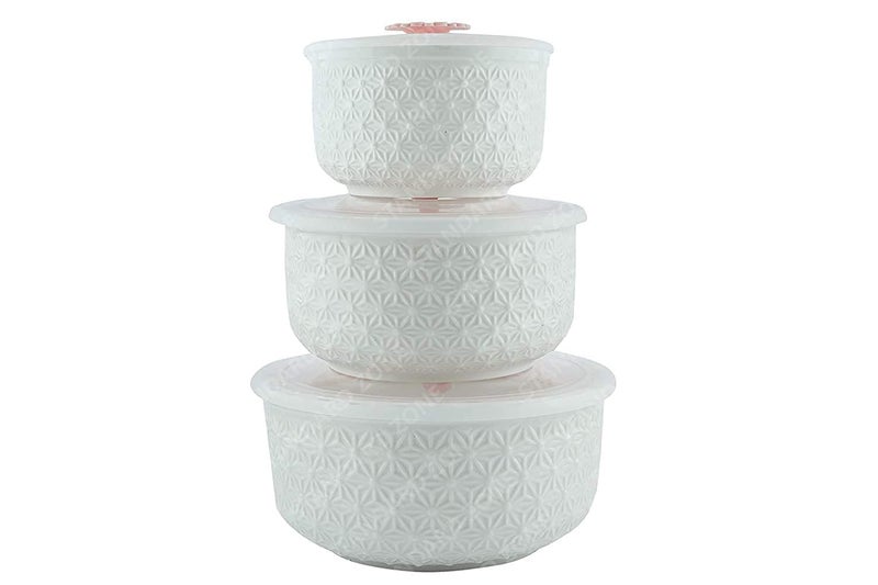 SWOPPERRY Modern Ceramic Serving Bowl Set with Flower Lid | Airtight Premium Microwave Safe Bowls with Lids (810ml, 480ml, 450ml - Set of 3) - Image 1