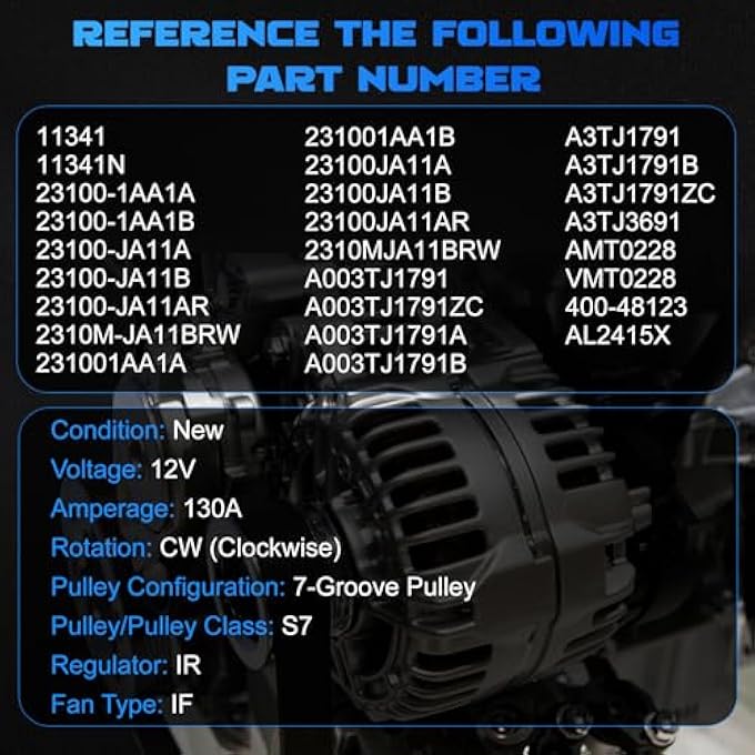 YOMALL Alternator 11341 for 2007 Altima 3.5L, for 2008 Altima 3.5L, for 2009 Altima 3.5L, for 2010 Altima 3.5L, for 2009-2014 Murano 3.5L, for 2009-2010 Maxima 3.5L, for 2011-2017 Quest 3.5L - Image 3