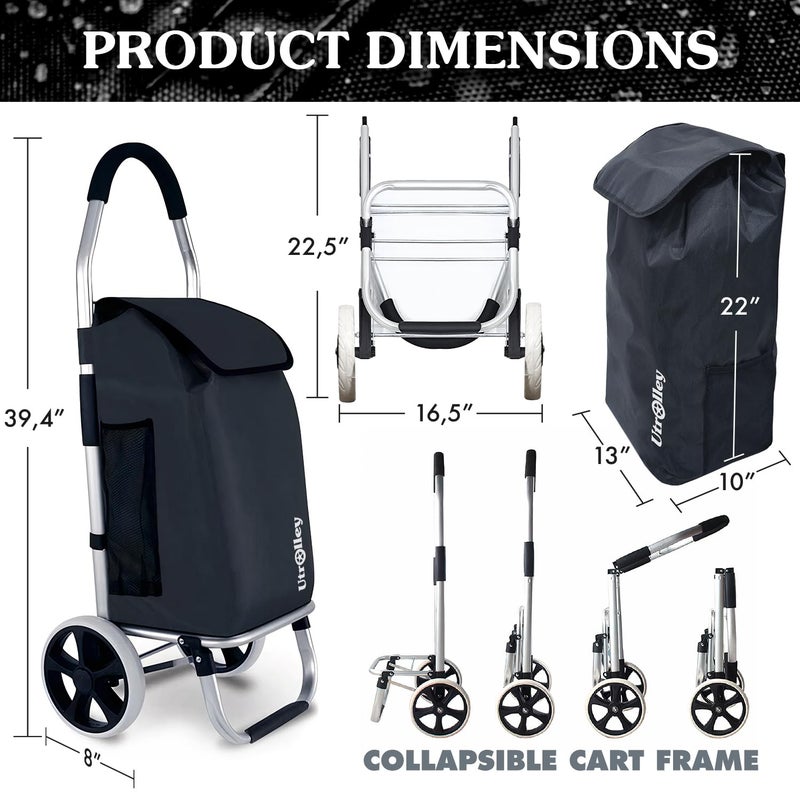 UTROLLEY Ultra-Lightweight Foldable Grocery Cart with 40L Capacity, Soft Rolling Wheels, Removable Insulated Bag â€“ Multi-Purpose Personal Hand Truck (Black) - Image 2