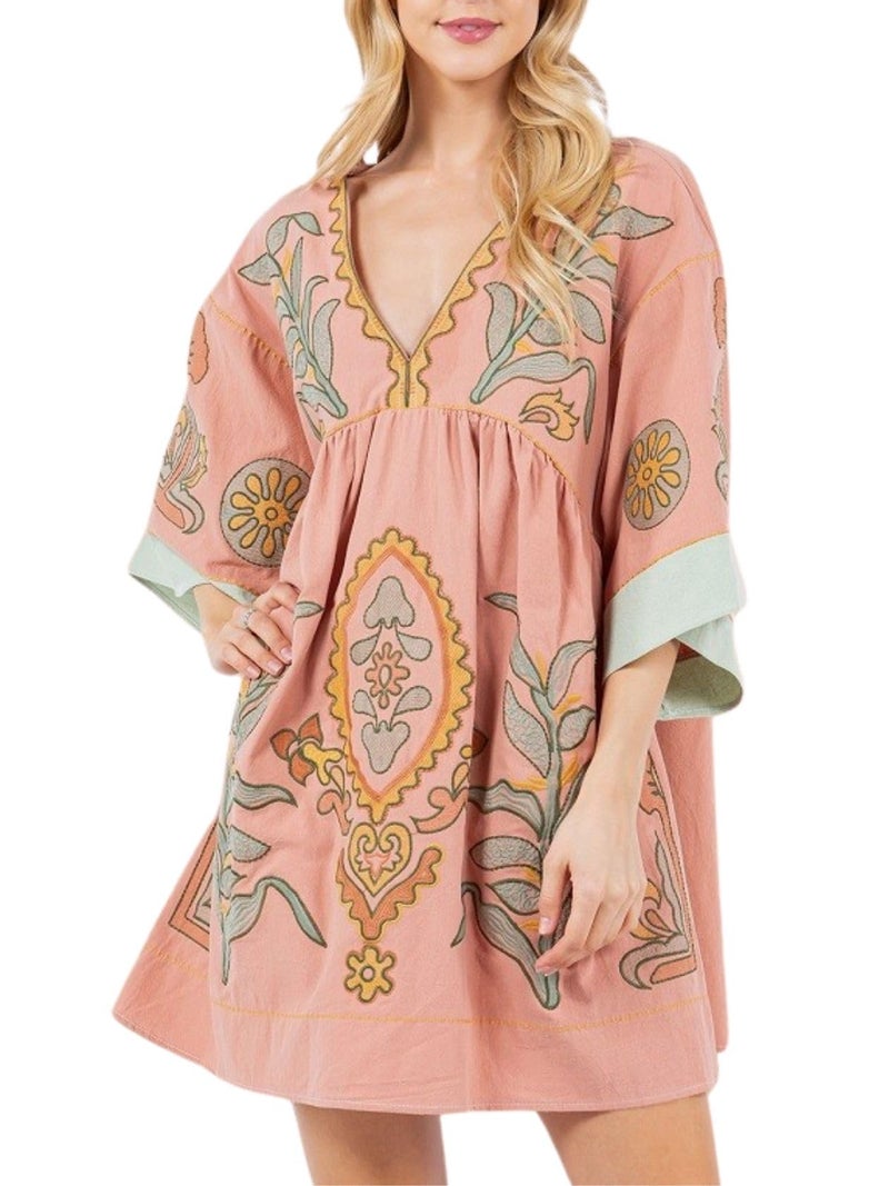 Joiemont Womens Oversized Embroidered Dress with V-Neck and 3/4 Sleeves Vintage Embroidery Babydoll Dress(0603-Pink-M) - Image 1