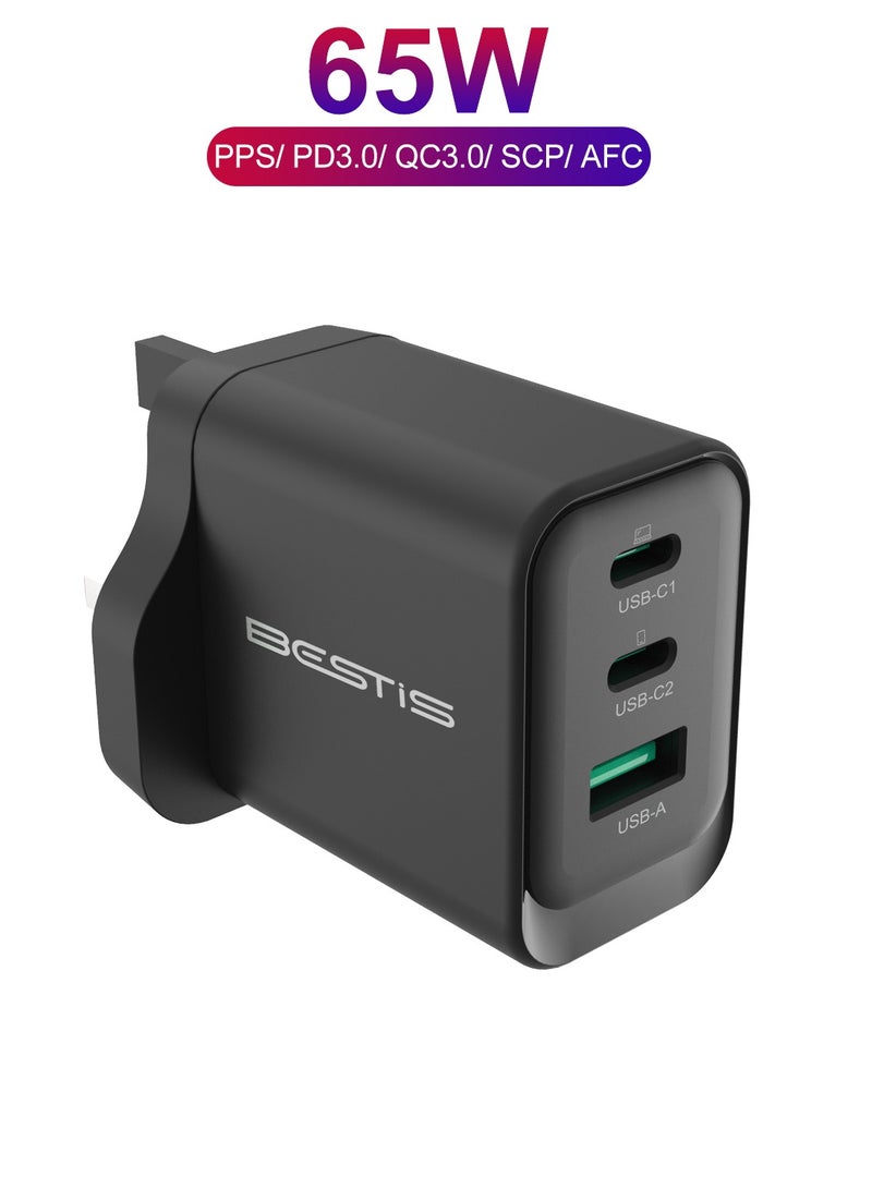 BESTIS 65W PD USB C Charger GaN Wall Adapter Type C Fast Charging 3 Ports PD3.0 QC3.0 Compact Power Supply Compatible with iPhone 16/16 Pro/16 Pro Max/15 Pro MacBook Pro Air for Home Office Travel - Image 1