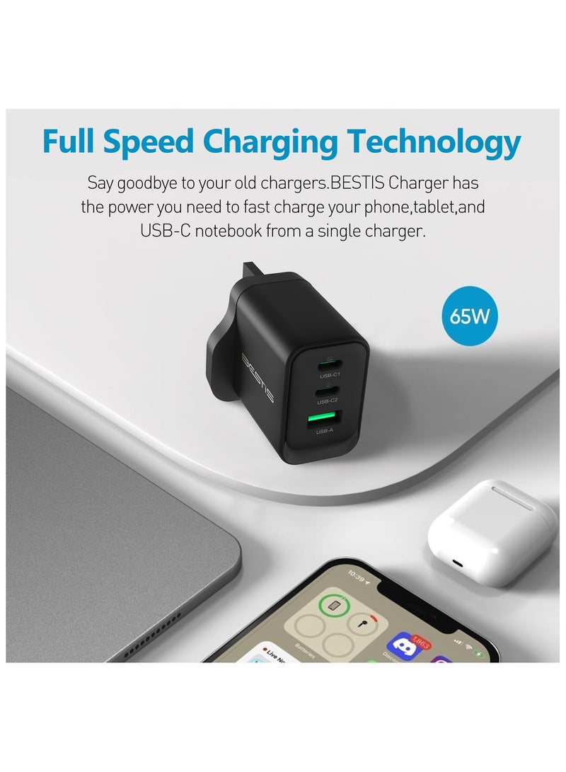 BESTIS 65W PD USB C Charger GaN Wall Adapter Type C Fast Charging 3 Ports PD3.0 QC3.0 Compact Power Supply Compatible with iPhone 16/16 Pro/16 Pro Max/15 Pro MacBook Pro Air for Home Office Travel - Image 5