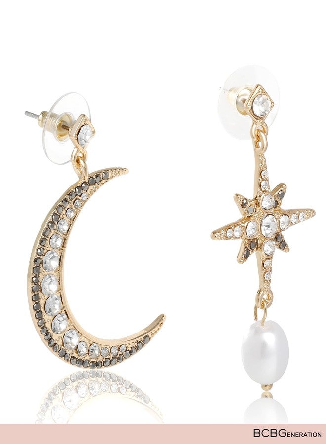 بي سي بي جينيريشن أقراط BCBG Generation Celestial غير المتطابقة للنساء - أقراط ذهبية اللون على شكل هلال ونجمة متدلية مع لمسات من الكريستال واللؤلؤ الصناعي - مجوهرات عصرية - Image 5