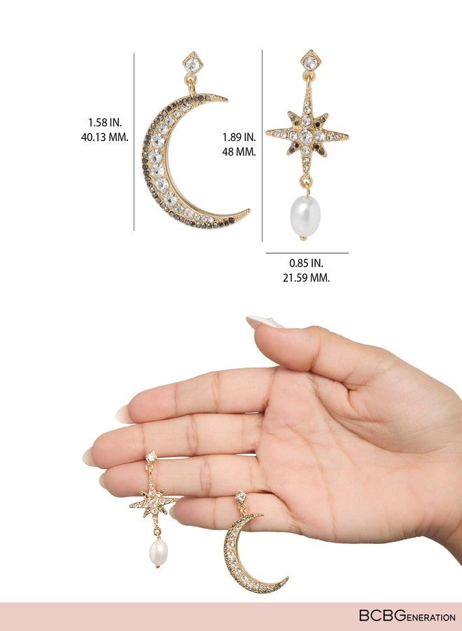 بي سي بي جينيريشن أقراط BCBG Generation Celestial غير المتطابقة للنساء - أقراط ذهبية اللون على شكل هلال ونجمة متدلية مع لمسات من الكريستال واللؤلؤ الصناعي - مجوهرات عصرية - Image 4