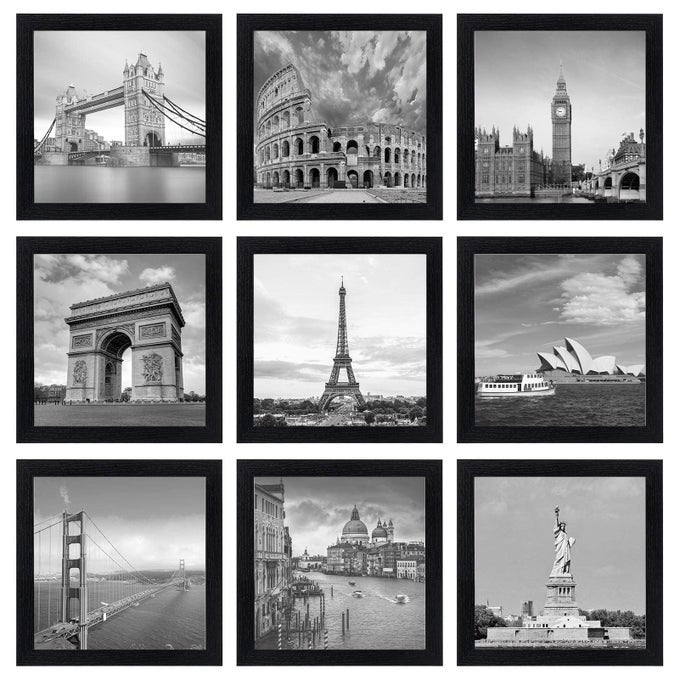 8X8 PICTURE FRAMES SET OF 9 CLASSIC GALLERY WALL FRAME SET DISPLAYS 4X4 PHOTO WITH MAT OR 8X8 WITHOUT MAT SQUARE PICTURE FRAMES COLLAGE WALL DECOR BLACK HOME DECOR FOR HANGING