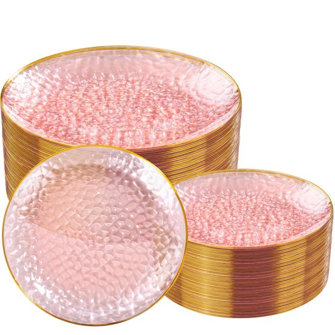 100PCS CLEAR PINK GOLD PLASTIC PLATES PINK DISPOSABLE PLATES WITH GOLD RIM HAMMERED PLASTIC PLATES INCLUDE 50 CLEAR DESSERT PLATOS 50 DINNER PLATOS FOR PARTY